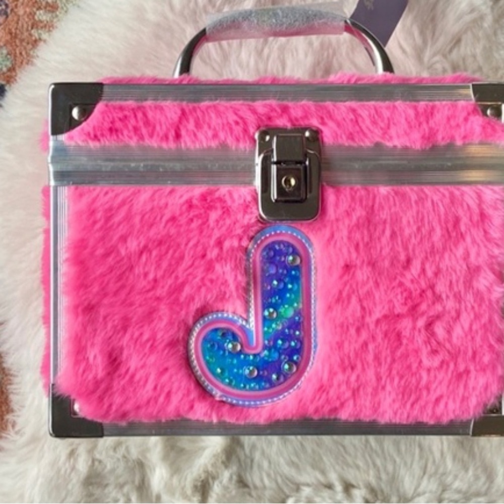 Claire’s pink bejeweled initial lock box faux fur makeup case Christmas gift 💝